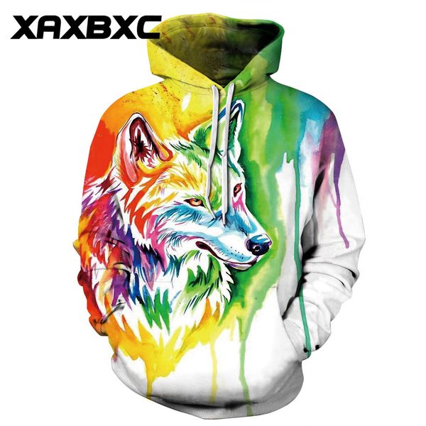 

2018 new 230 rainbow splash paint wolf unicorn printed hoodie jacket hooded femme sweatshirt casual men women loose hoodies coat, Black