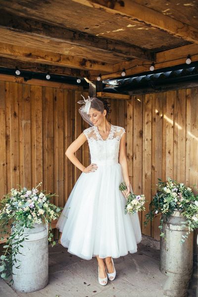 

1950s vintage ankle length short wedding dresses cap sleeve v neck sheer lace tulle a line bridal gowns plus size custom size, White