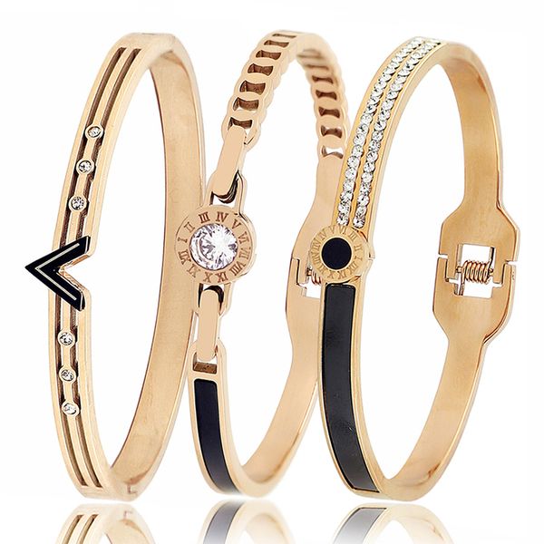 

new arrival stainless steel women bangle bracelets fashion cubic zirconia rose gold bracelets bangle jewelry gift for girl, Black