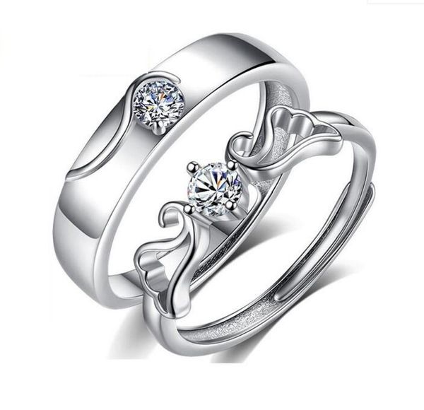 Lovers Pair Anelli per coppie Solido argento sterling 925 Zircone Ali ad angolo regolabile Matrimonio Anello di fidanzamento Regalo di San Valentino