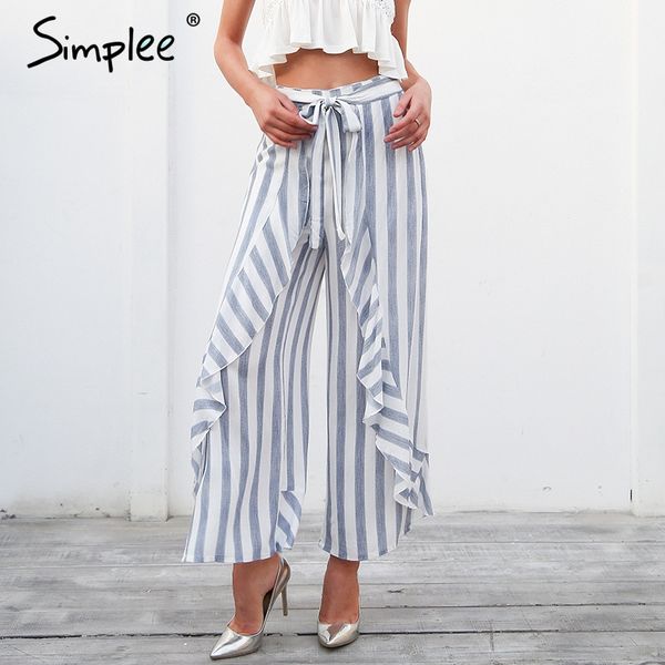 

simplee stripe split wide leg pants women bottom sash ruffle high waist trousers summer beach casual pants female 2018, Black;white