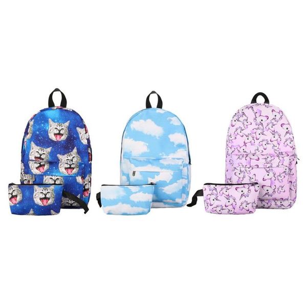 

2pcs women canvas preppy chic casual printed backpack school bag clutch bag
