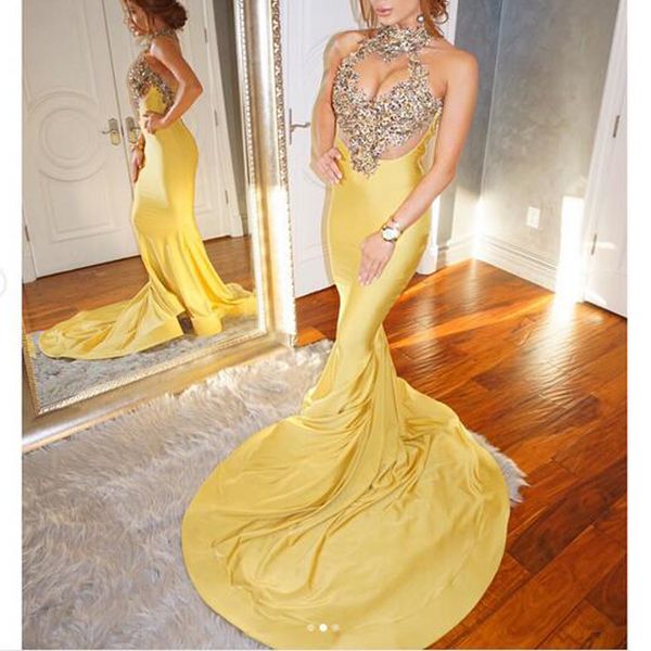 

yellow mermaid satin prom dresses high neck beaded lace appliques evening gown elenght dress party evening, Black