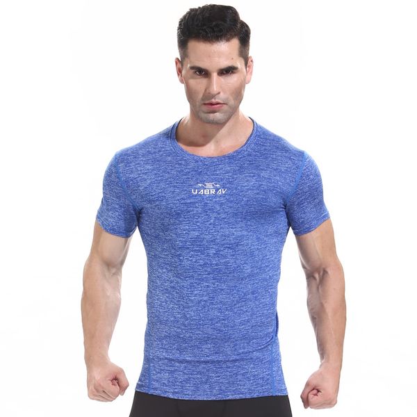 

uabrav short sleeve gym fitness shirt for men quick dry training shirt round collar bodybuilding compression tights sportswear, Black;blue