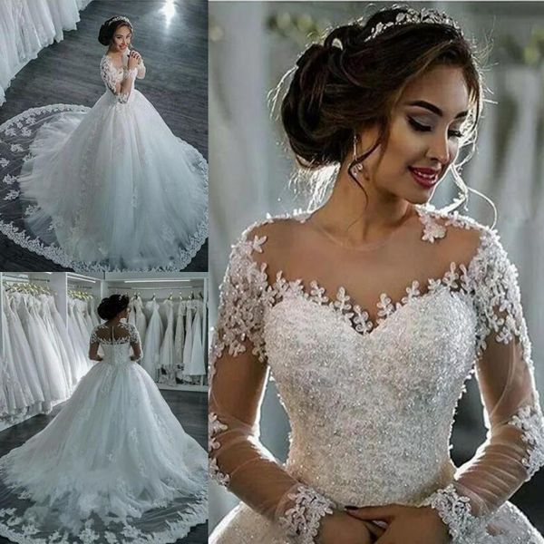 

amazing sheer neck wedding dresses lace appliques beads illusion long sleeves bridal gowns ball gown sweep train custom made wedding dress, White