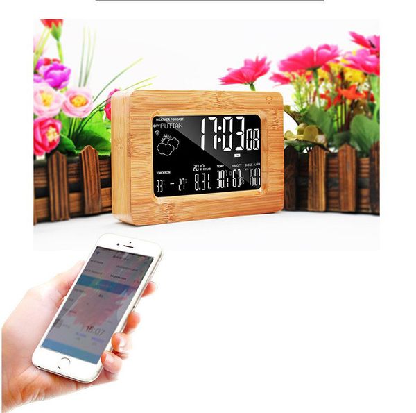 2019 Wifi Smart Led Alarm Clock Digital Wood Desk Clocks App Wifi Smart Led Alarm Clock Digital Wood Desk Clocks App Cellphone Remote Control Date Time Temperature