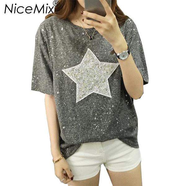 

nicemix 2018 summer plus size xl-4xl t shirt women star sequined patch loose short sleeve t-shirts tumblr women tees, White