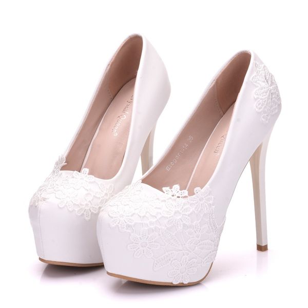 

new summer elegant round toe shoes for women white lace flowers high heel wedding shoes thick heels plus size shoes, Black
