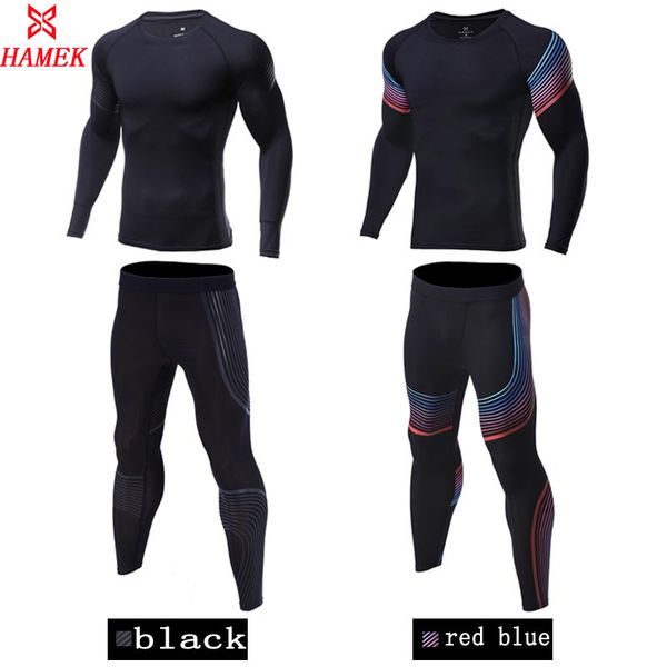 

wholesale-men's compression run jogging suits clothes sports set long t shirt survetement football kits training tracksuit running, Black;blue