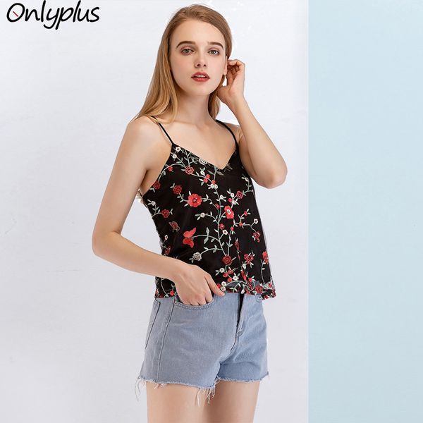 

onlyplus mutil color sweet loose cami straps mesh embroidery strap off shoulder shirt backless casual summer crop top, White