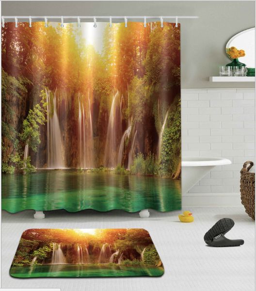 

waterfall 3d pattern print custom waterproof bathroom modern shower curtain polyester fabric bathroom curtain door mat sets