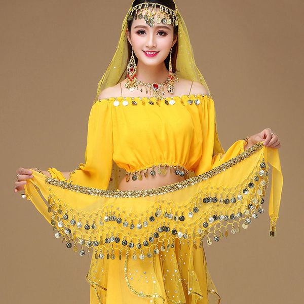 

women's belly dance costume belt mesh heavy chain waist belly 150 coins waist chain hip scarf coin belt dancing costume, Black;red