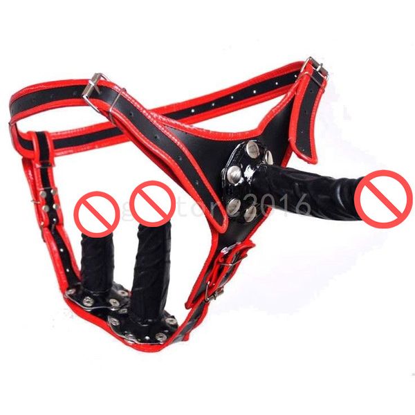 Chastity Devices Female Strap on PU-Leather Ultra Harness Strap-on with 3 Removable Plug Panties #R78