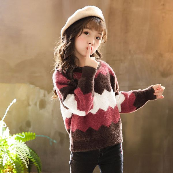 

girls autumn knitted sweater long sleeve patchwork stripe winter warm sweaters kids children comfortable soft clothes, Blue
