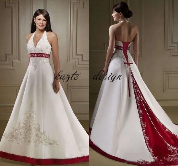 

vintage white and red wedding dresses 2018 halter embroidery chapel train corset lace-up country bridal wedding gowns for church