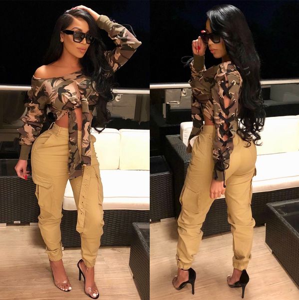 

women's fashion t-shirt camo print lacing long sleeve off shouldur vintage t-shirt q077, White