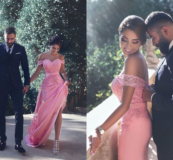 

2018 new said mhamad pink mermaid prom dresses off shoulder lace applique pleats sweep train formal evening dress party gowns custom made, Black
