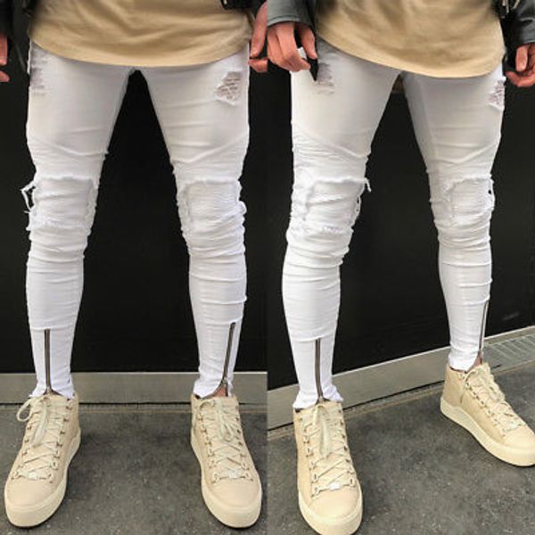 

canis men jeans stretch destroyed ripped design jeans hombre fashion zipper skinny for men trousers white, Blue