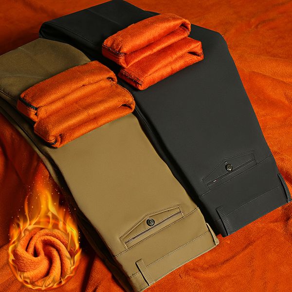

business men suit pants warm fleece winter 2018 thick casual male straight stretch leisure mid waist cotton streetwear trousers, Black