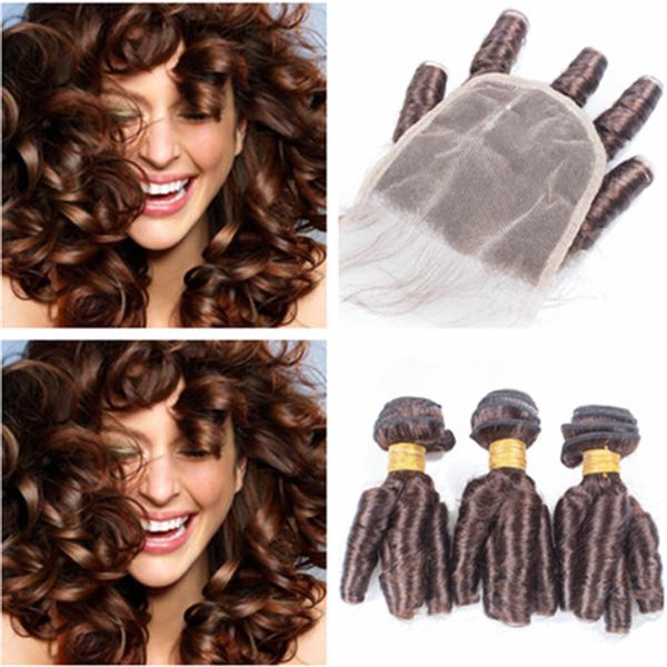 # 4 Castanho Peruano Tia Funmi Humano Cabelo Humano 3 Pacotes com Encerramento Primavera Curls Castanho Chocolate 4x4 Front Lace Encerramento com Tece