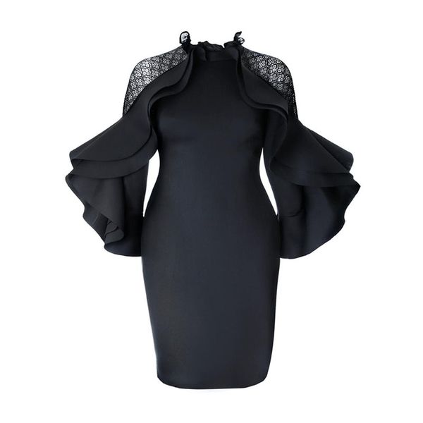 

kinikiss 2018 autumn bodycon dress falbala black ruffle sleeve ladies office dress zippers elegant plus size summer party, White;black