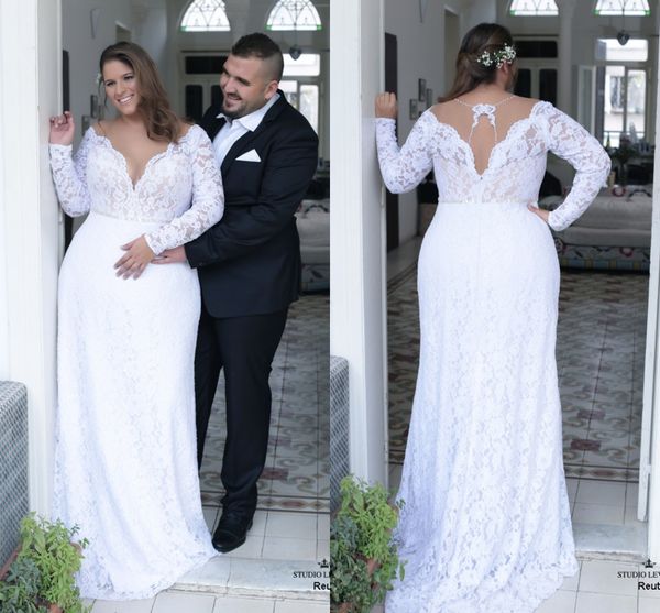 

2018 stunning designer hollow back plus size wedding dresses lace bodice long sleeves sweep train unique neckline bridal gowns, White