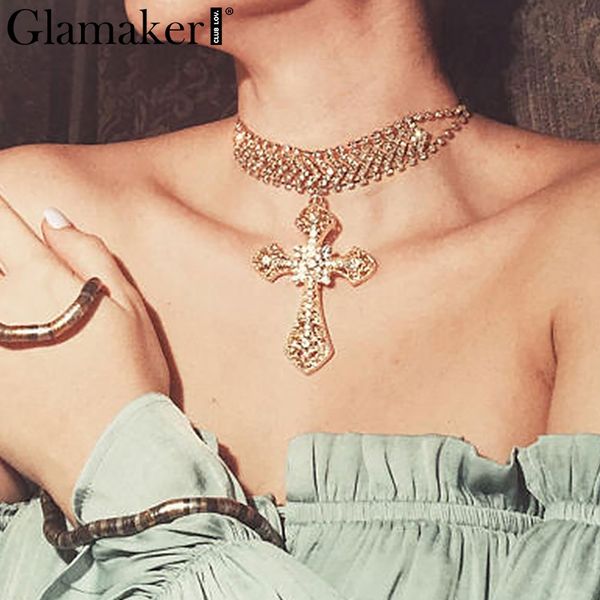 

glamaker fashion gold silver cross choker necklace female chic big pendant women necklace fine jewelry party accessories 2018, Golden;silver