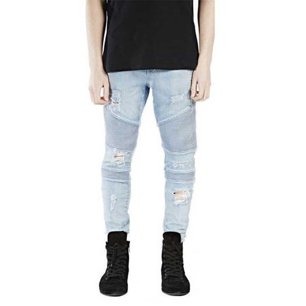 

2018 hip-hop men jeans masculina casual denim distressed men's slim jeans pants brand biker skinny rock ripped homme, Blue