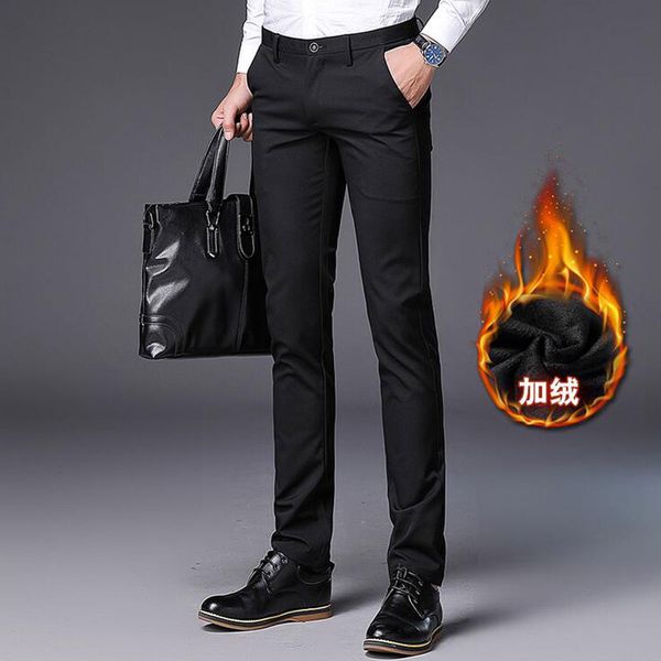 

chic deisgn men's winter warm fleece pants 2018 fashion man slim fit stretch pencil pants male autumn trousers size 38, Black