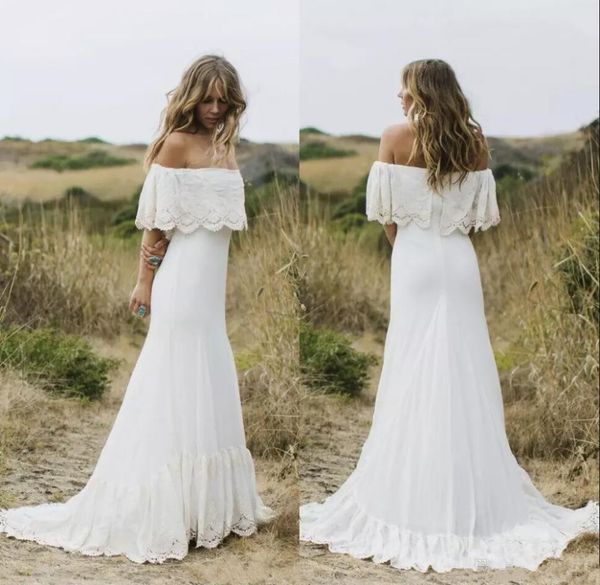 

vintage crochet lace mermaid wedding dresses with sleeves 2019 modest off shoulder country bohemian garden bridal informal gown, White