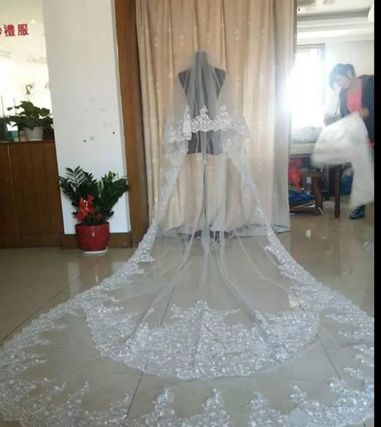 

selling ivory white wedding veils 3 meters long veils lace applique crystals two layers cathedral length bridal veil real image, Black