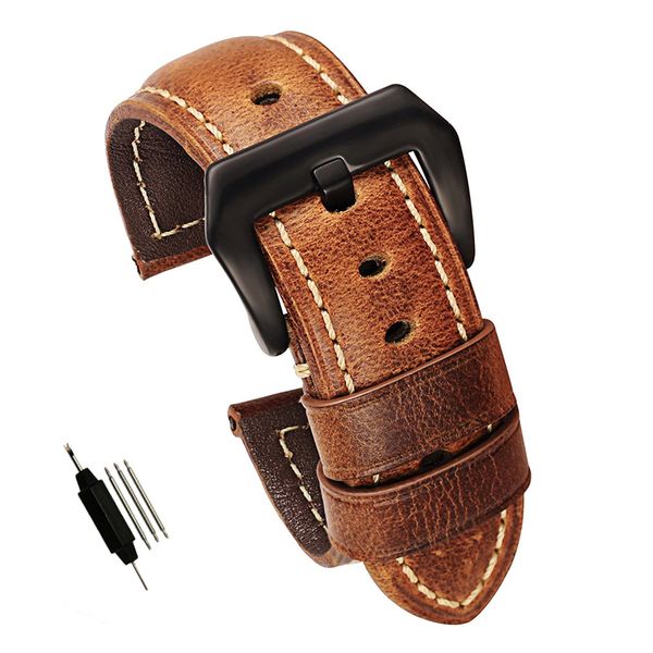 

carty 22mm 24mm brown genuine leather watch strap replacement watch band with brushed black buckle calfskin for panera, Black;brown