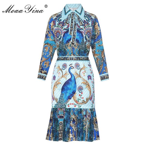 

moaayina fashion designer runway set summer women peacock floral print indie folk vintage blouse+pleated fishtail half skirt set, Gray