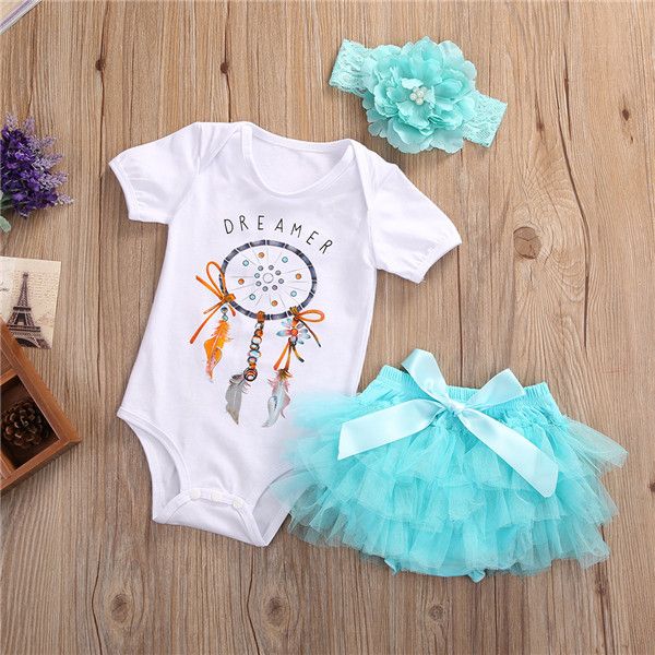 

2018 new kids romper baby ins feather rompers short sleeve romper +headbands+lace short skirt 3pcs sets toddler clothes, Blue