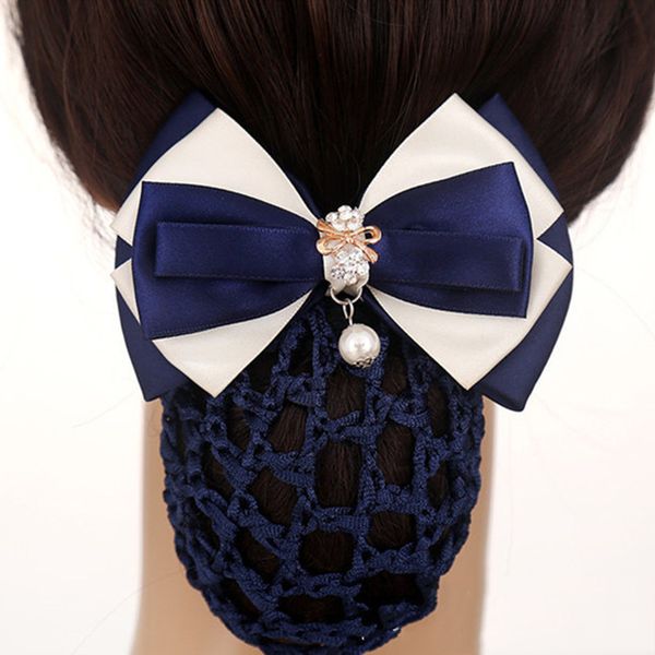 

fashion office lady bow pearl tie hair clip flower barrette cover bowknot net bun deep snood for long hair for women