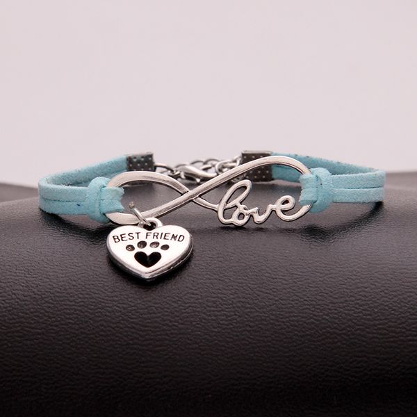 

new style latest popular light blue leather bracelets & bangles for women men charm infinity love pets dog paw friend jewelry 13 colors, Golden;silver