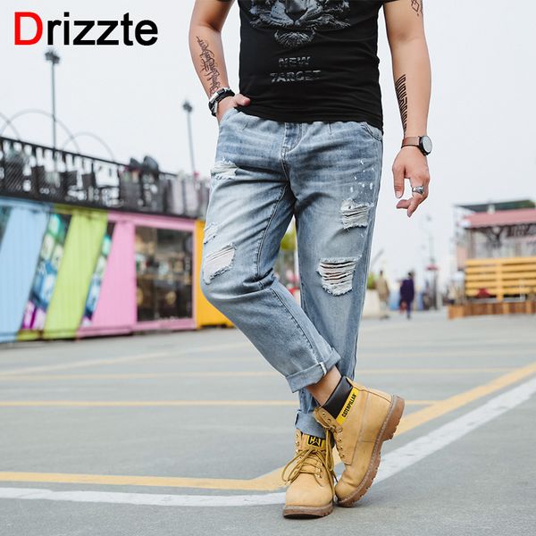 

drizzte summer mens plus size 30-46 fashion distressed ripped strectch jeans comfortable lightblue big and tall ankle jeans, Blue