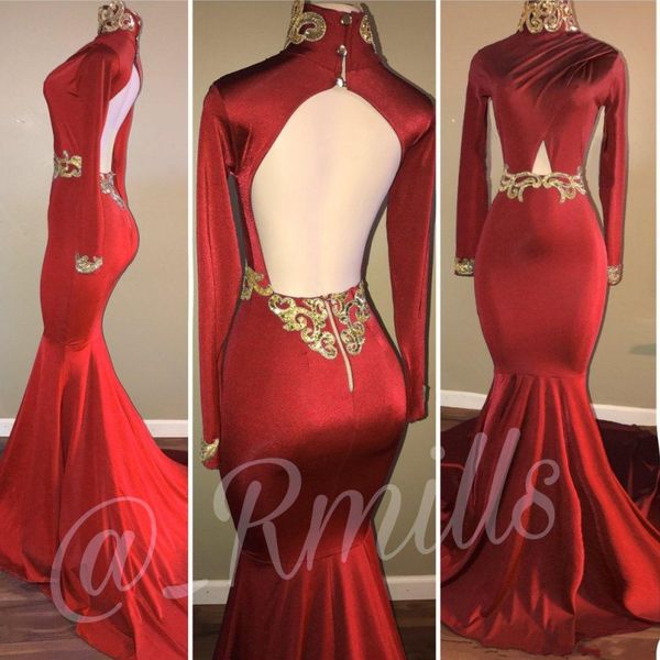 

red high neck prom dresses open backless mermaid long sleeves gold lace appliqued evening gowns fashion key-hole formal party dresses, Black