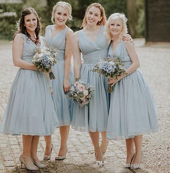 

Country Short Bridesmaid Dresses 2018 V Neck Tea Length Draped Garden Beach Wedding Guest Gowns Maid Of Honor Dress Plus Size