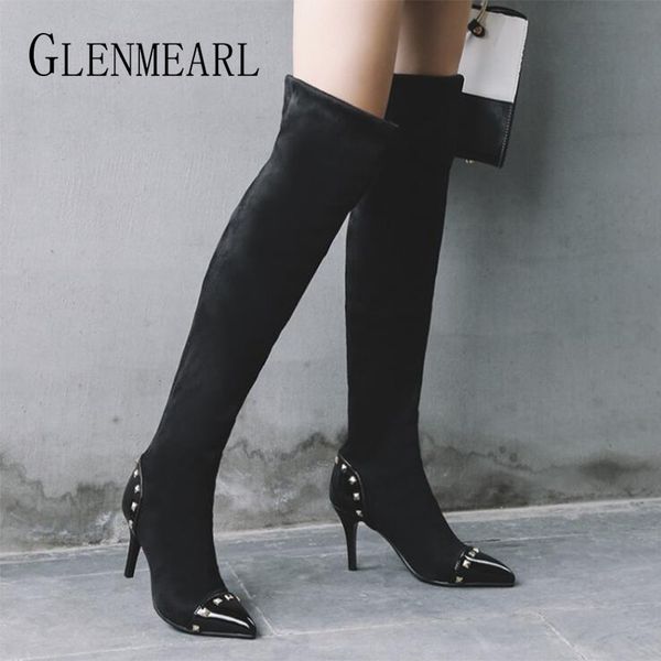 

women boot winter shoes high heels fashion rivet over knee high boots pointed toe thin heels black shoes woman plus size botas