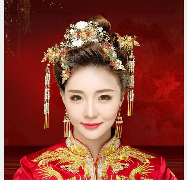 

chinese brides, phoenix crown, wedding dress, dragon and phoenix gown, 2018 hair bands, ancient costumes, han clothing, hairdressing accesso, Slivery;golden