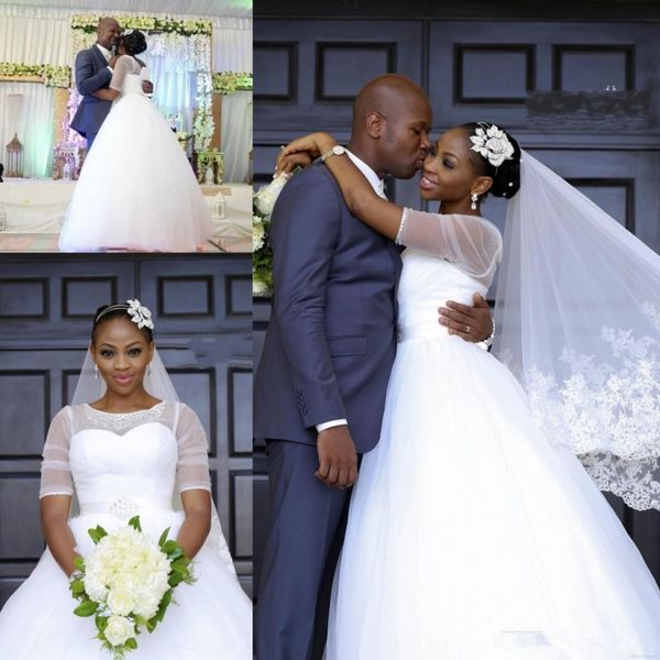 

gorgeous white wedding dresses south african sheer neck half long sleeves bridal gowns tulle floor length puffy wedding dress vestidos