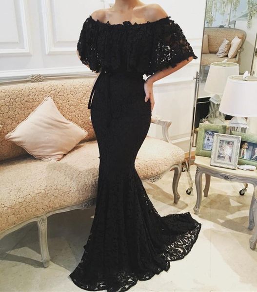 

black mermaid lace evening dresses off shoulder long formal party gowns saudi arabic prom dress custom made, Black;red