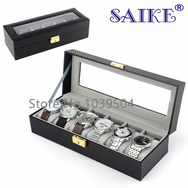 

carbon fiber 6 slots watches box with key black leather watch display brand watch and jewelry storage boxes w178, Black;blue