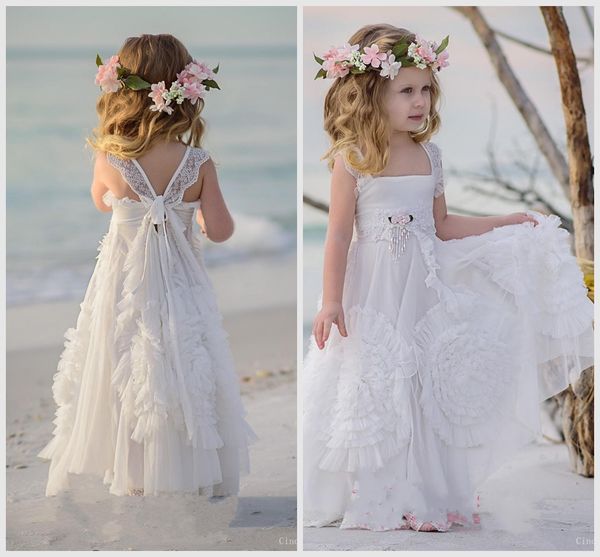 

2018 Bohemian Flower Girls Dresses A Line Pleats Appliques Floor Length Spaghetti Beach Boho Girls Pageant Kids Communion Party Gowns Cheap