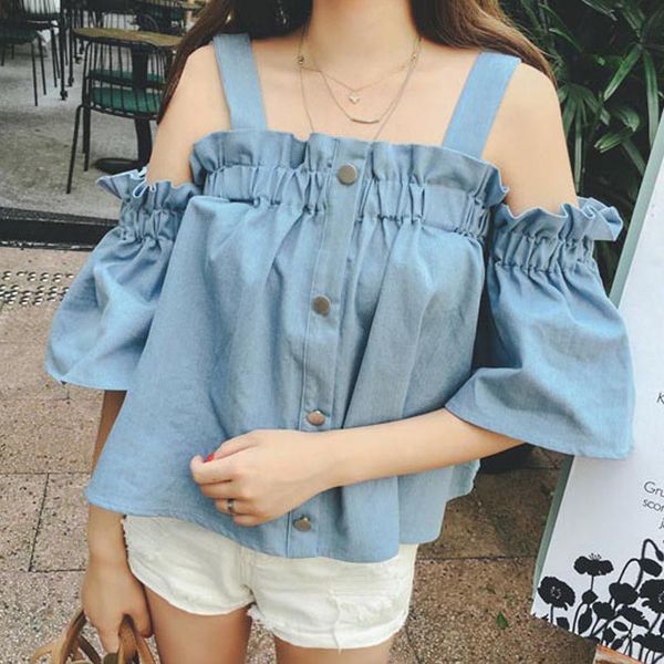 

new women off shoulder summer tshirt slash neck ruffles wide straps solid t-shirt short flare sleeve button loose w2, White