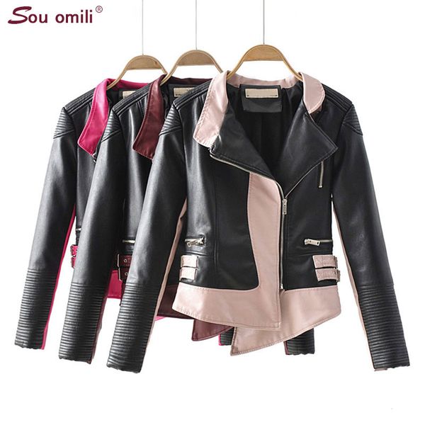 

spliced pink faux leather jacket women black moto coat punk patchwork jaquetas couro pu slim jacket chaqueta mujer
