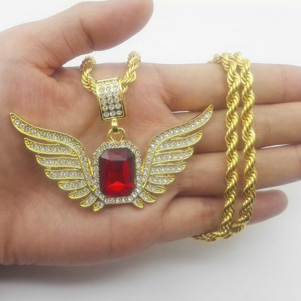 

discount hip hop angel wings with big red stone unique pendant designs necklace men women iced out druzy jewelry, Silver