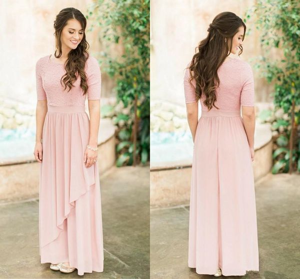 

rose dusty lace chiffon long modest bridesmaid dresses 2019 with half sleeves country wedding bridesmaids dresses boho sleeved custom made, White;pink