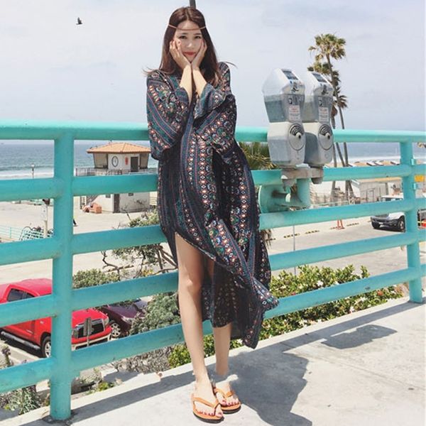 

женщины bohemia v-образным вырезом с длинным рукавом split floral print dress boho maxi платья vestidos plus размер свободное повседневное п, Black;gray